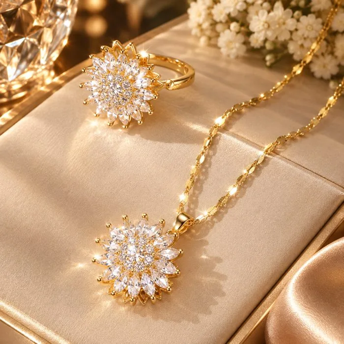 Set de collar y anillo girasol giratorio